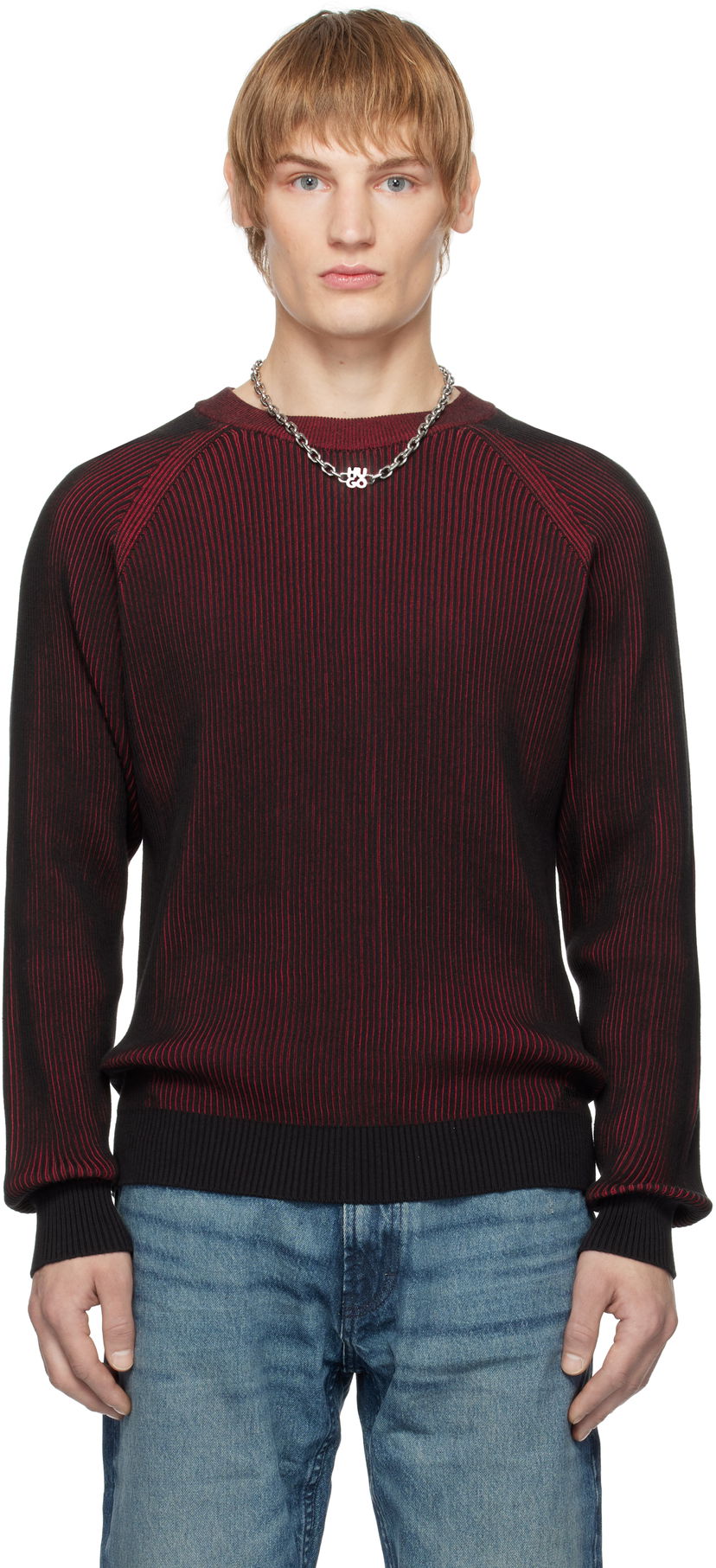 Sweater BOSS Two-Tone Ribbed Cotton Sweater Rød | 50531799