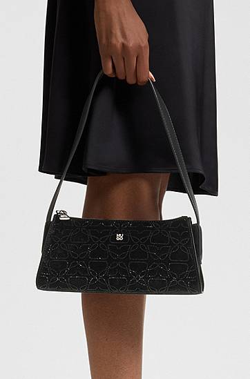 Skuldertaske BOSS Velvet-touch hobo bag with rhinestone embellishments Sort | 50552507, 1