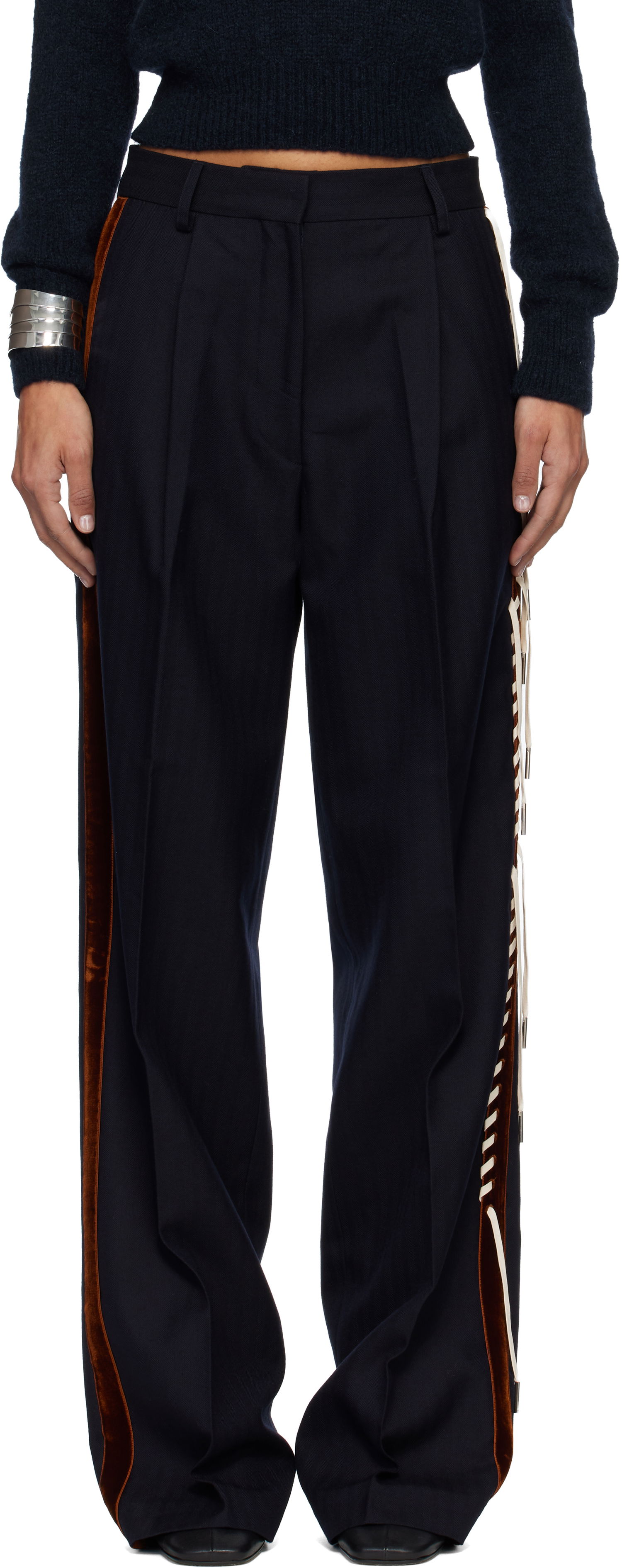 Bukser Dries Van Noten Dries Van Noten Embellished Tuxedo Trousers with Velvet Side Stripe and Lace-Up Detail Mørkeblå | 252-010960-2193, 0