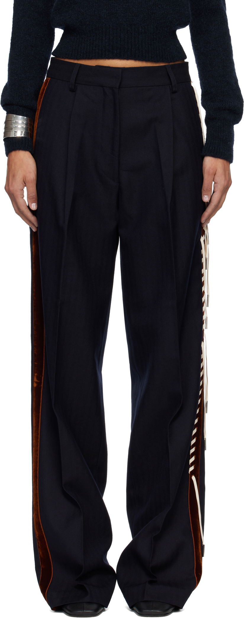 Bukser Dries Van Noten Dries Van Noten Embellished Tuxedo Trousers with Velvet Side Stripe and Lace-Up Detail Mørkeblå | 252-010960-2193