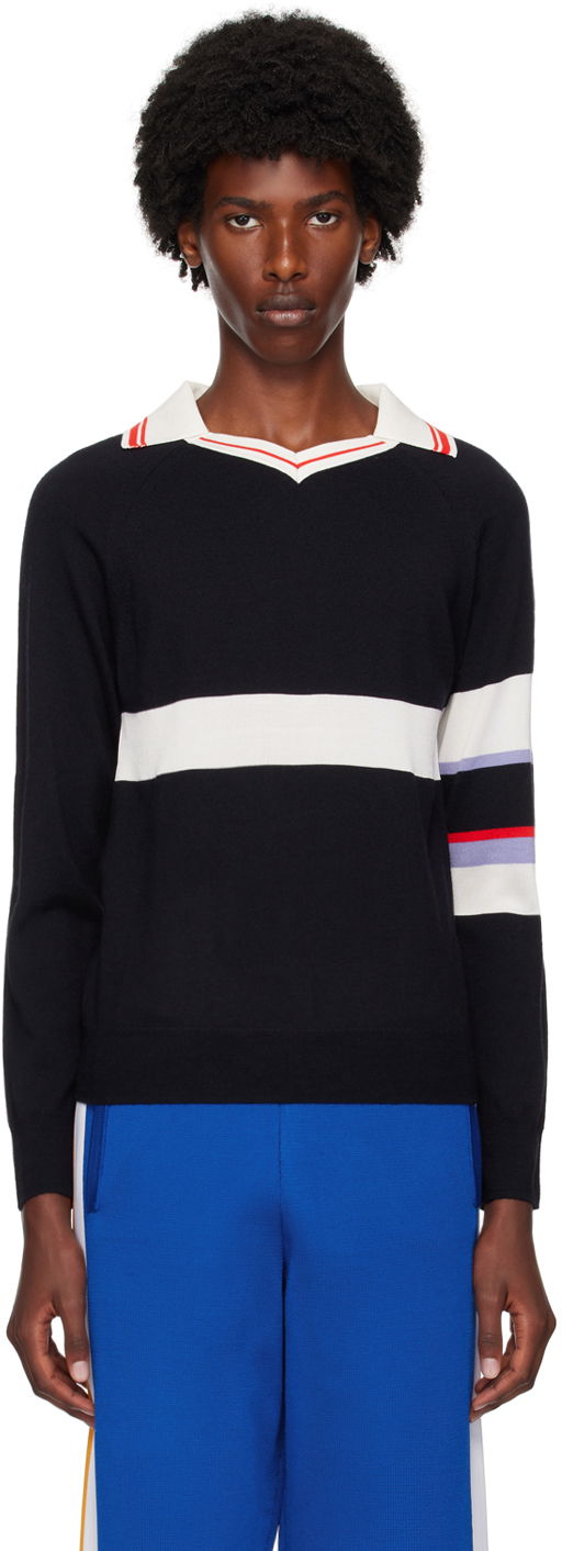 T-shirt Wales Bonner Navy Calm Long Sleeve Polo Sort | WA24KN23-WO07-599