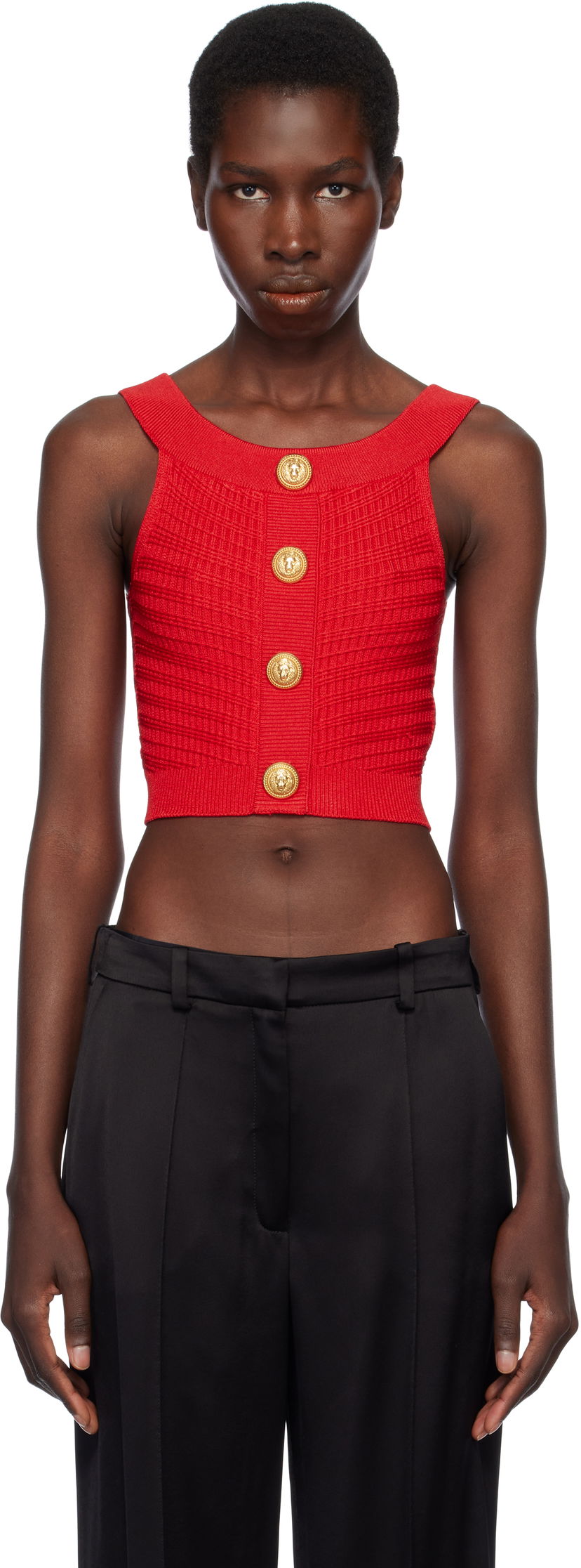 Tanktop Balmain Balmain Buttoned Boatneck Knit Cropped Tank Top Rød | EF0AB426KI42