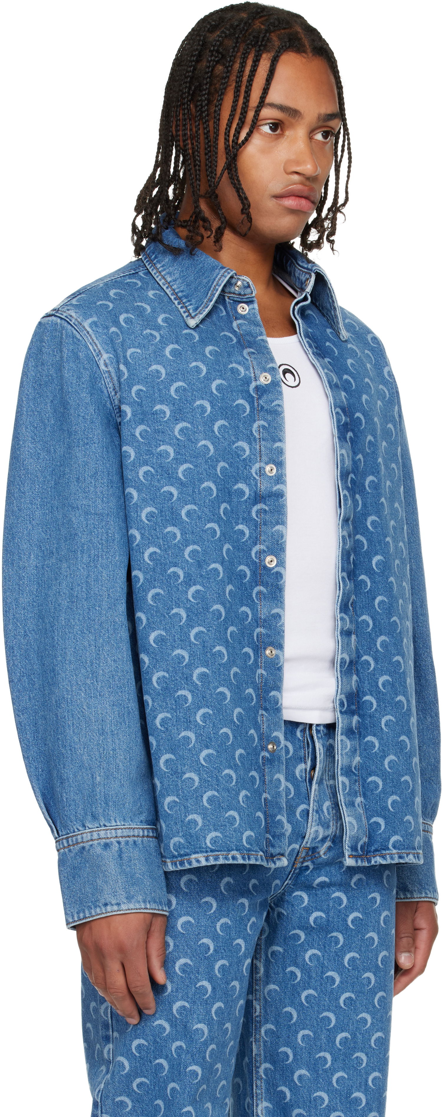 Skjorte Marine Serre Marine Serre Moon Laser Denim Shirt Blå | USI035ACDEN0002, 1