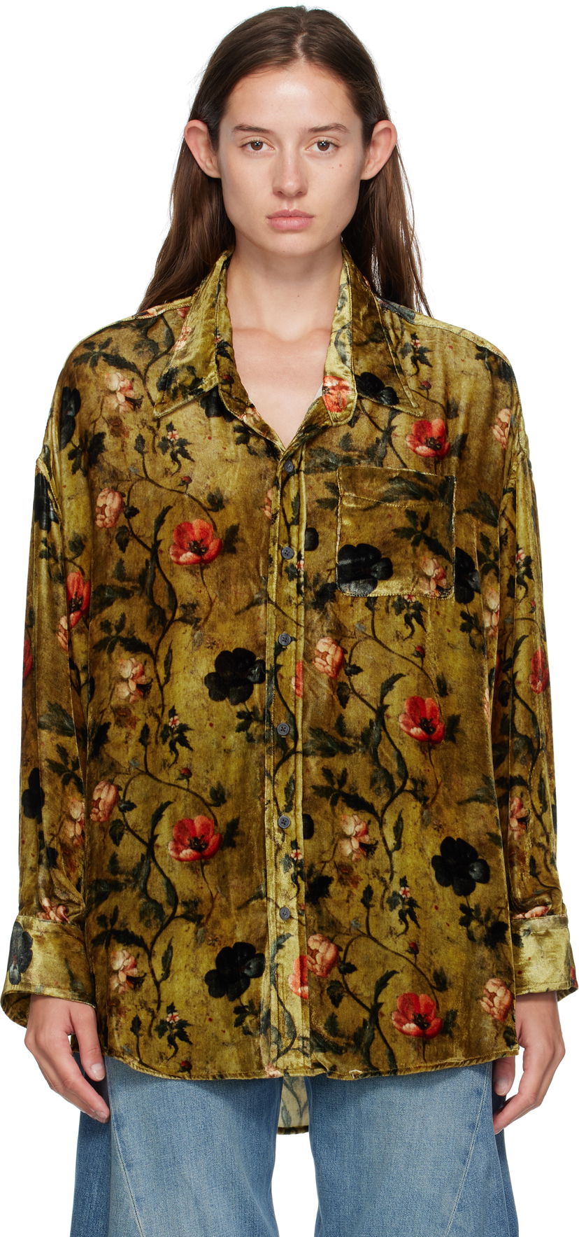 Skjorte R13 R13 Floral-Print Velvet Drop-Neck Shirt Grøn | R13WR004-R595A