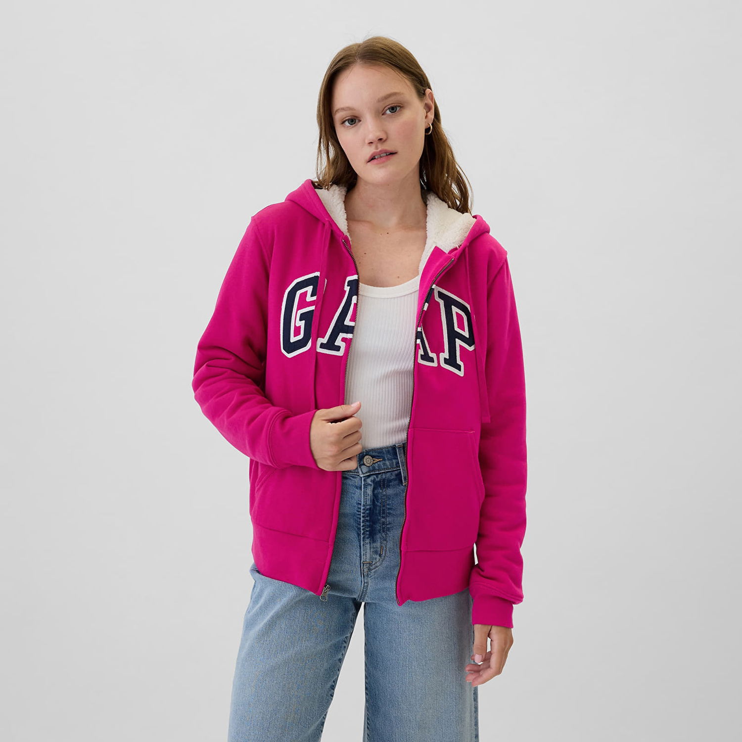 Sweatshirt GAP Logo Sherpa Fullzip Hoodie Bright Beet Lyserød | 498594-01, 0