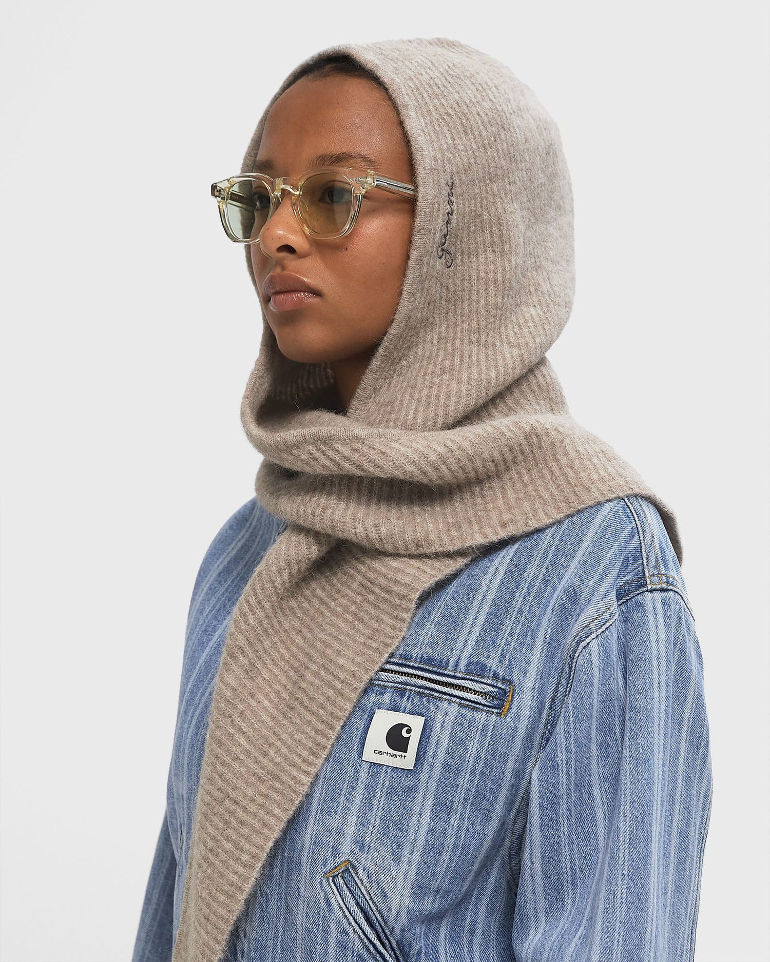 Beanie GANNI Wool Ribbed Knit Balaclava with Tie Beige | A5983-859, 1