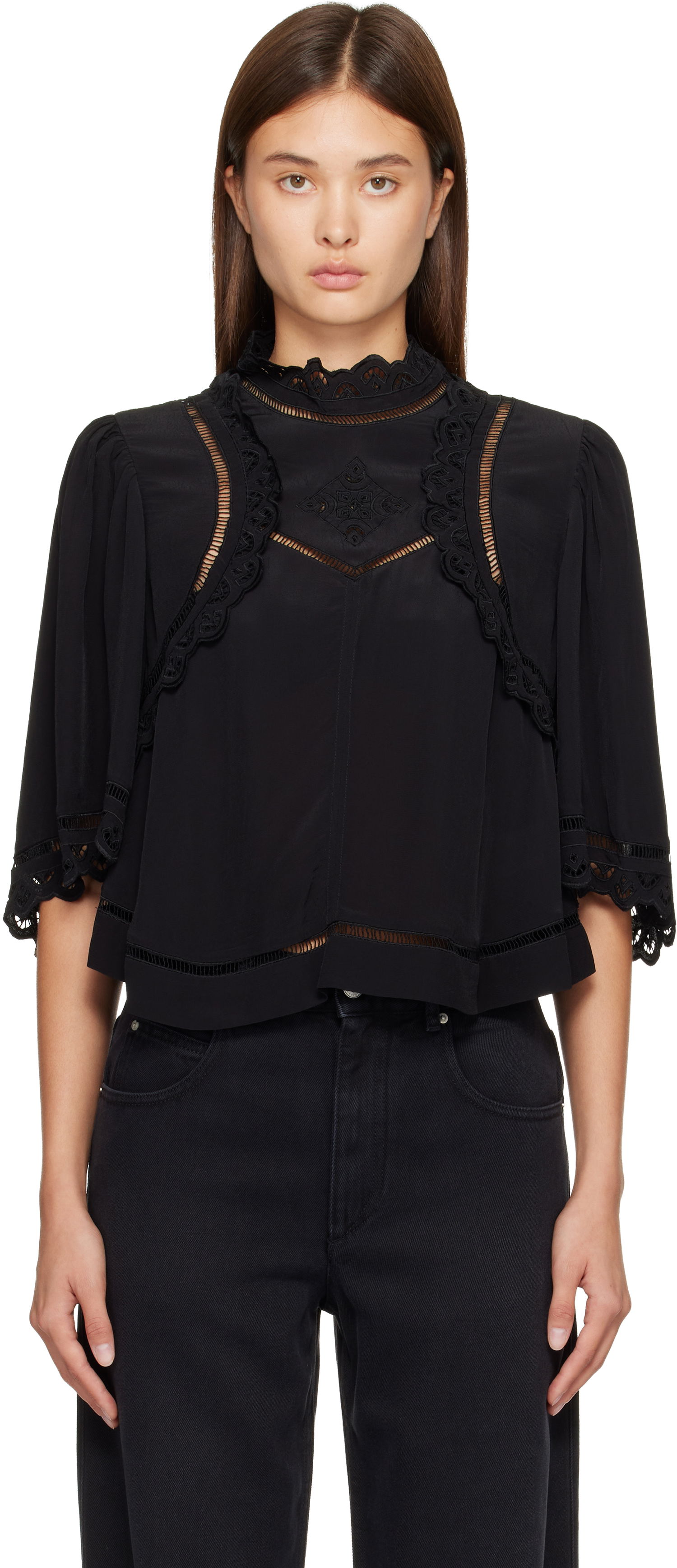 Skjorte ISABEL MARANT Frany high-neck lace cut-out blouse Sort | HT0662FA-C3J11I, 0