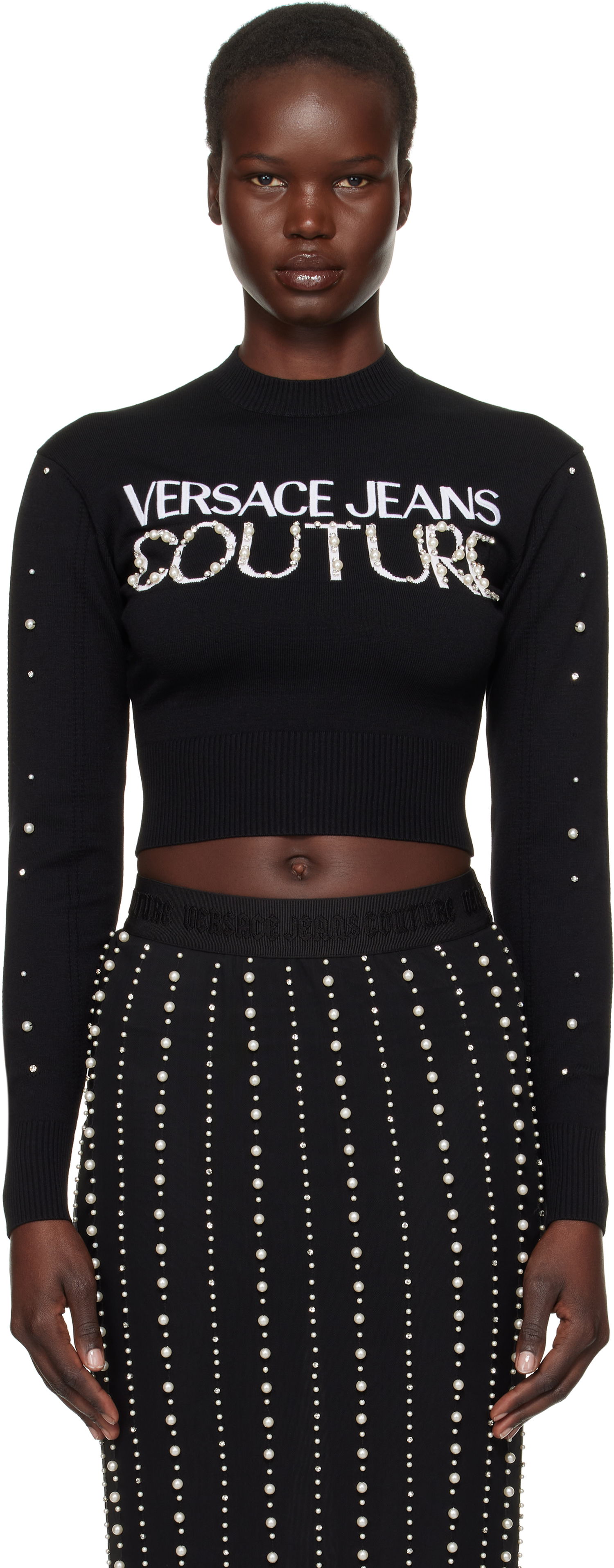 Sweater Versace Embellished Logo Cropped Sweater Sort | E77HAFM30_ECMN60, 0