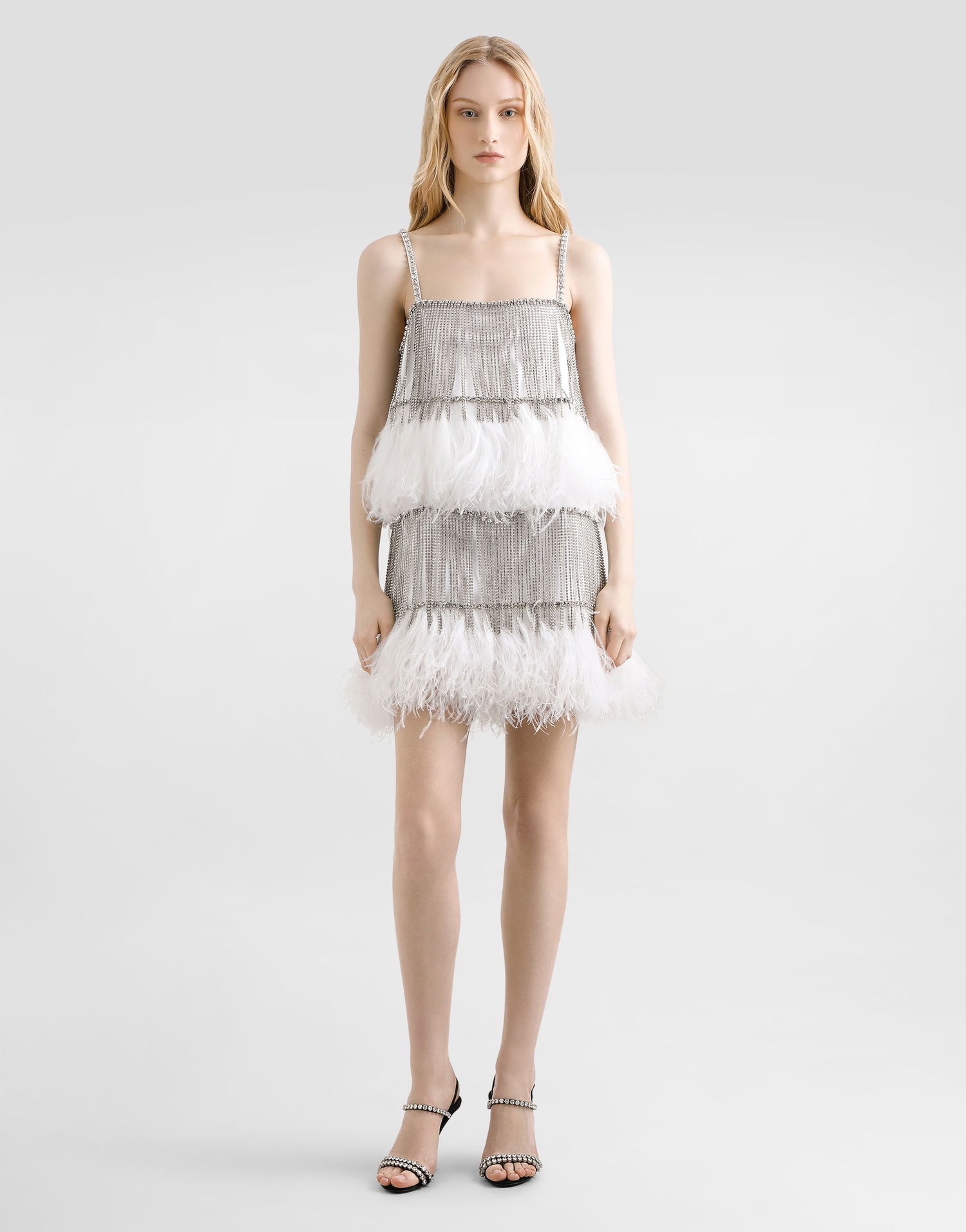 Kjole Dolce & Gabbana Dolce & Gabbana Satin and Feather Mini Dress with Crystal Fringe Hvid | F60FHZGDDI6G1012, 1