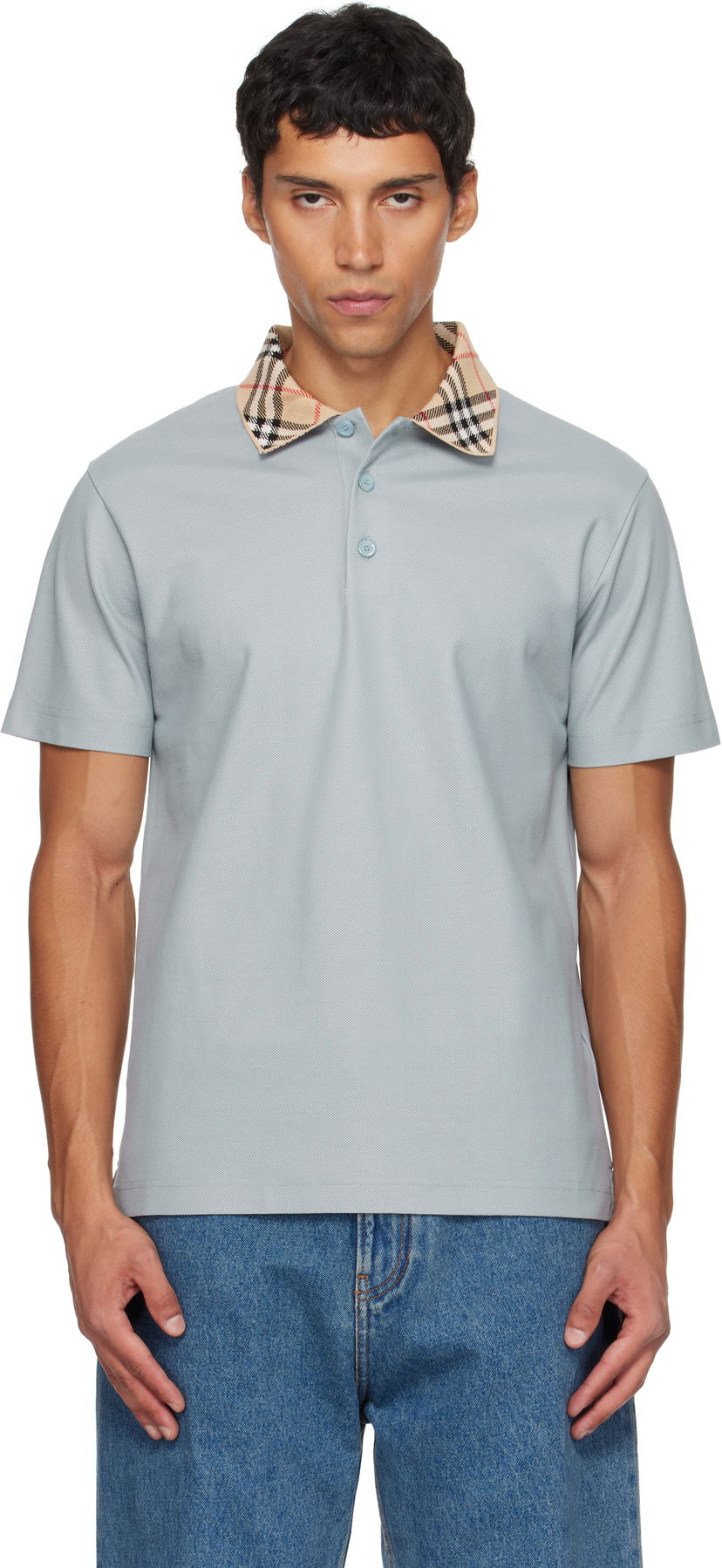 Polo skjorte Burberry Burberry Check Collar Cotton Polo Blå | 8110944