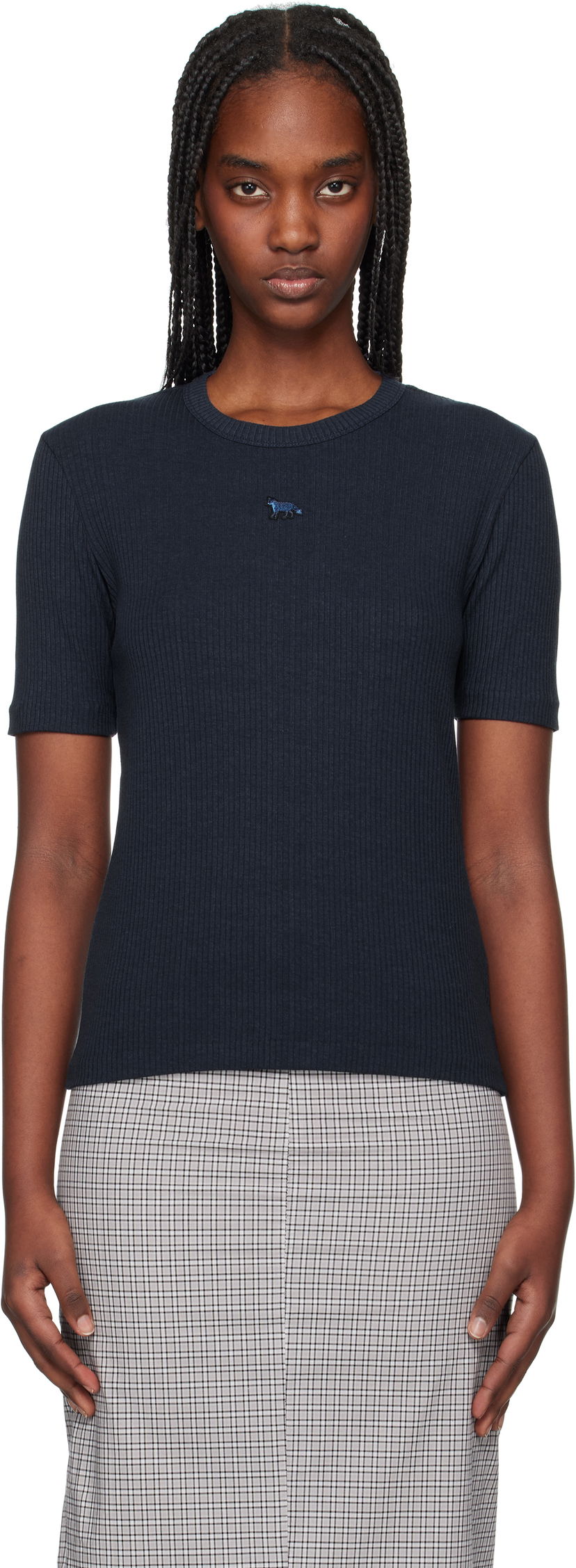 T-shirt MAISON KITSUNÉ Maison Kitsuné Baby Fox Ribbed Fitted T-Shirt Mørkeblå | OW00124KJ0134