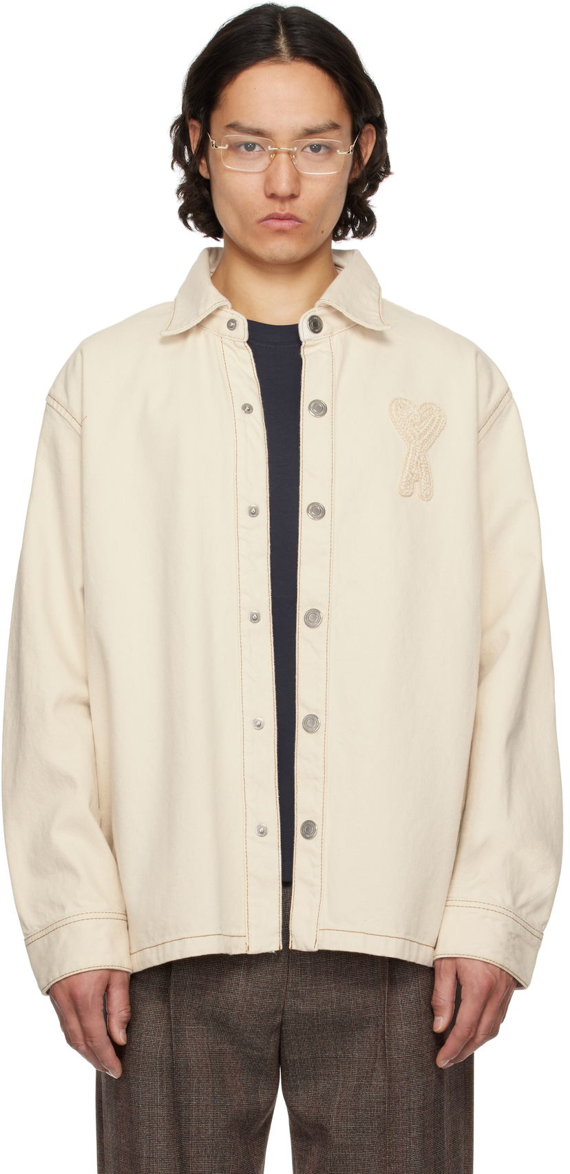 Skjorte AMI AMI Paris Cotton Ami de Coeur Denim Overshirt Beige | HJK275.DE0039