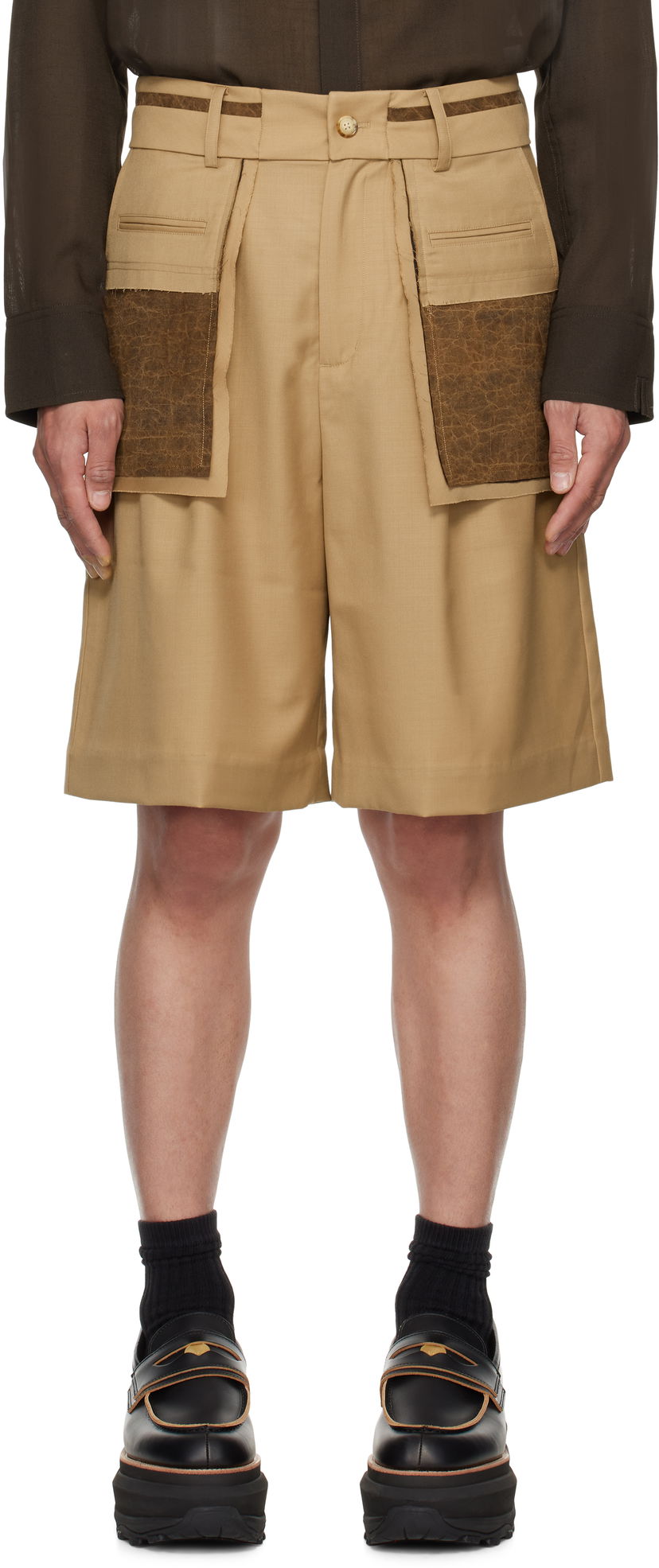 Shorts Feng Chen Wang Feng Chen Wang Deconstructed Patchwork Shorts Beige | FUS19ST02K