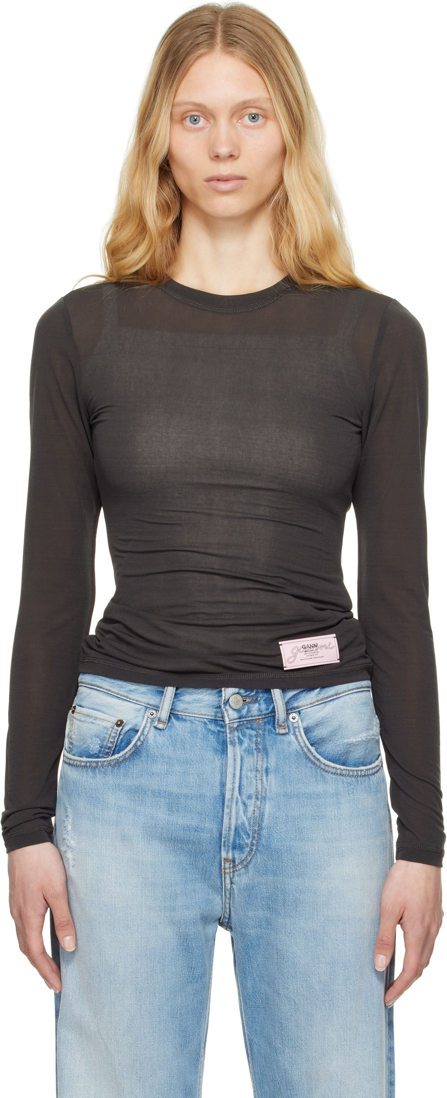 T-shirt GANNI GANNI Sheer Mesh Jersey Long Sleeve T-shirt Grå | T4242, 0