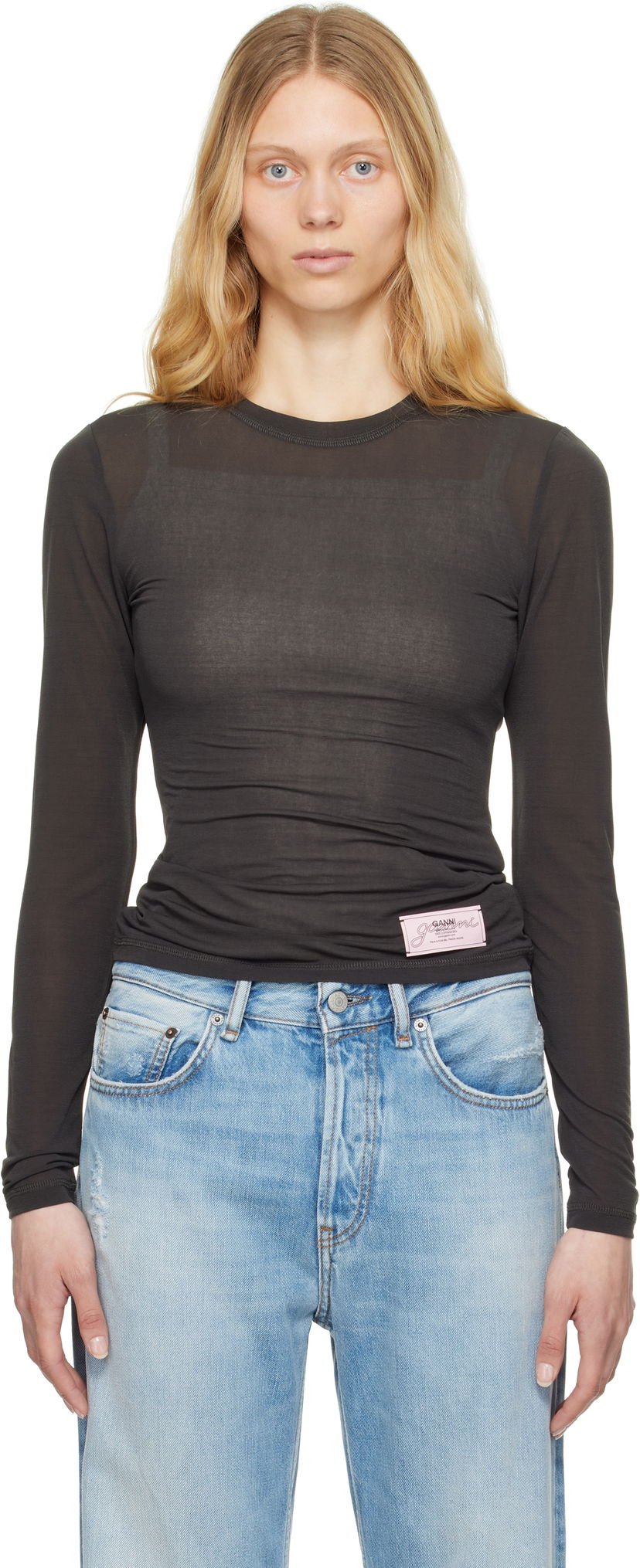 T-shirt GANNI GANNI Sheer Mesh Jersey Long Sleeve T-shirt Grå | T4242