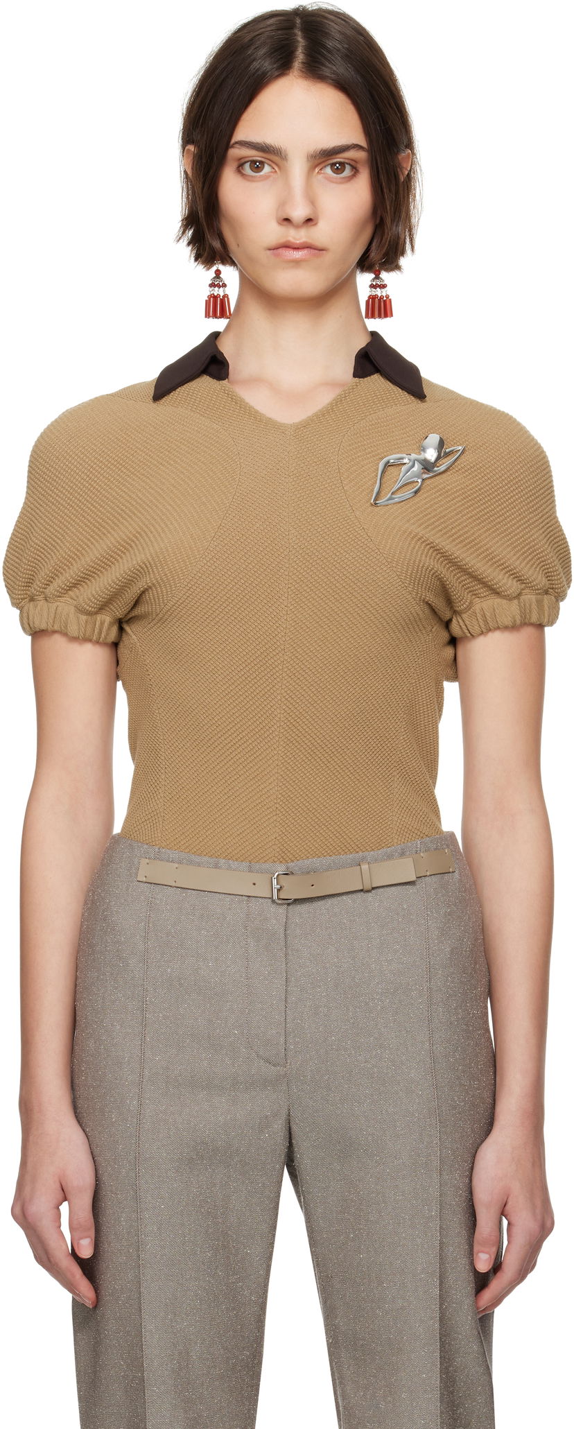 Sweater Tory Burch Tory Burch Short Sleeve Knit Polo Beige | 173370-965