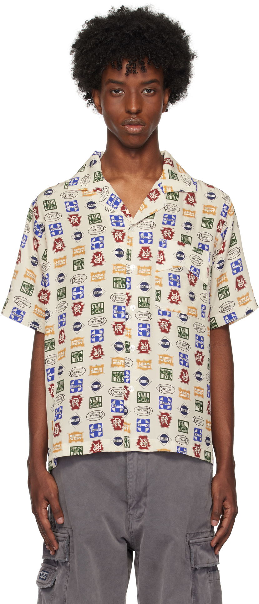 Skjorte Rhude Trucker Print Silk Shirt Beige | RHFW24SR01092