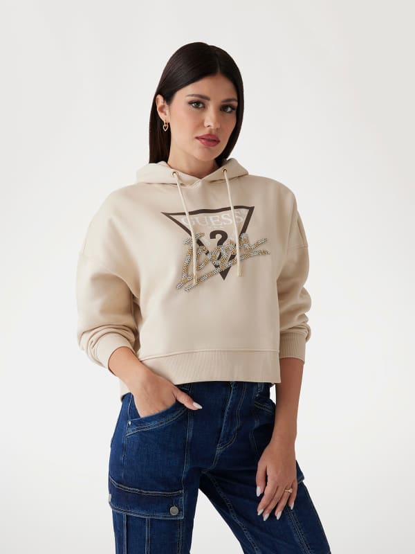 Sweatshirt GUESS Women's Beige Cropped Hoodie with Rhinestone Logo Beige | W4BQ06KB683, 0