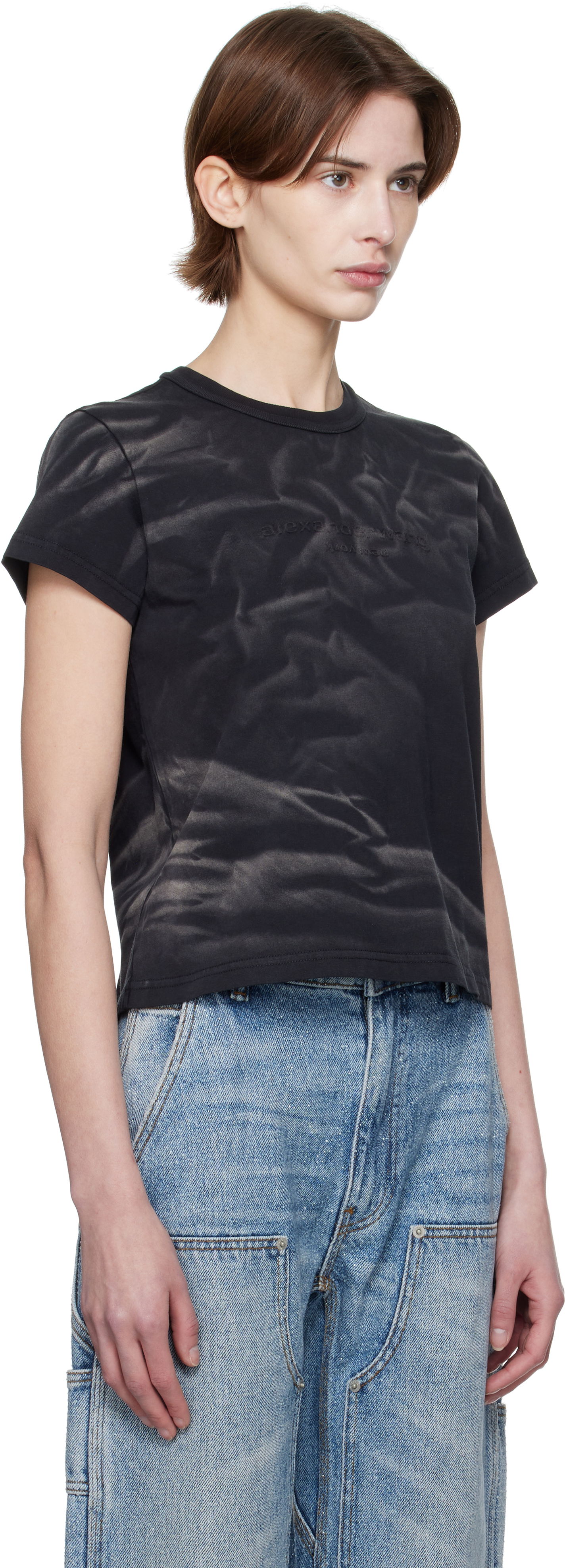 T-shirt Alexander Wang Alexander Wang Distressed Logo Shrunken T-Shirt Sort | 1CC1251990, 1
