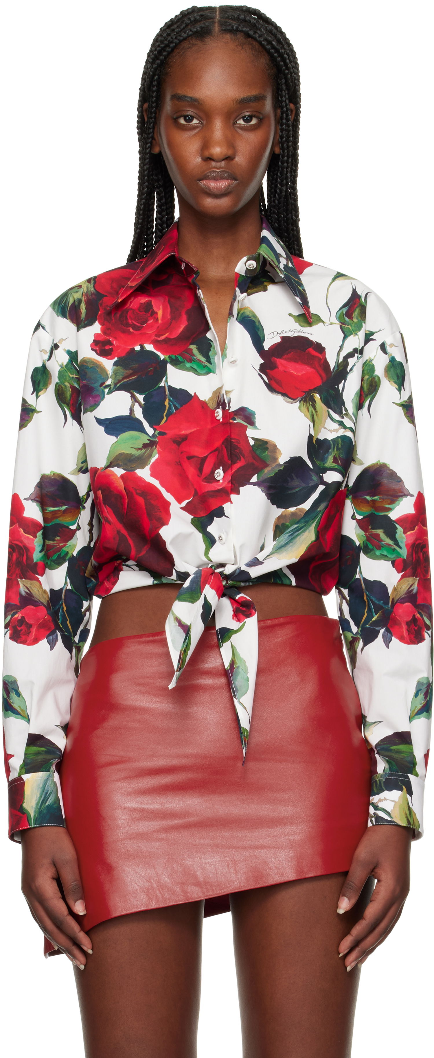 Skjorte Dolce & Gabbana Dolce&Gabbana Rose Print Tie Front Shirt Hvid | F5S65T HS5S2, 0
