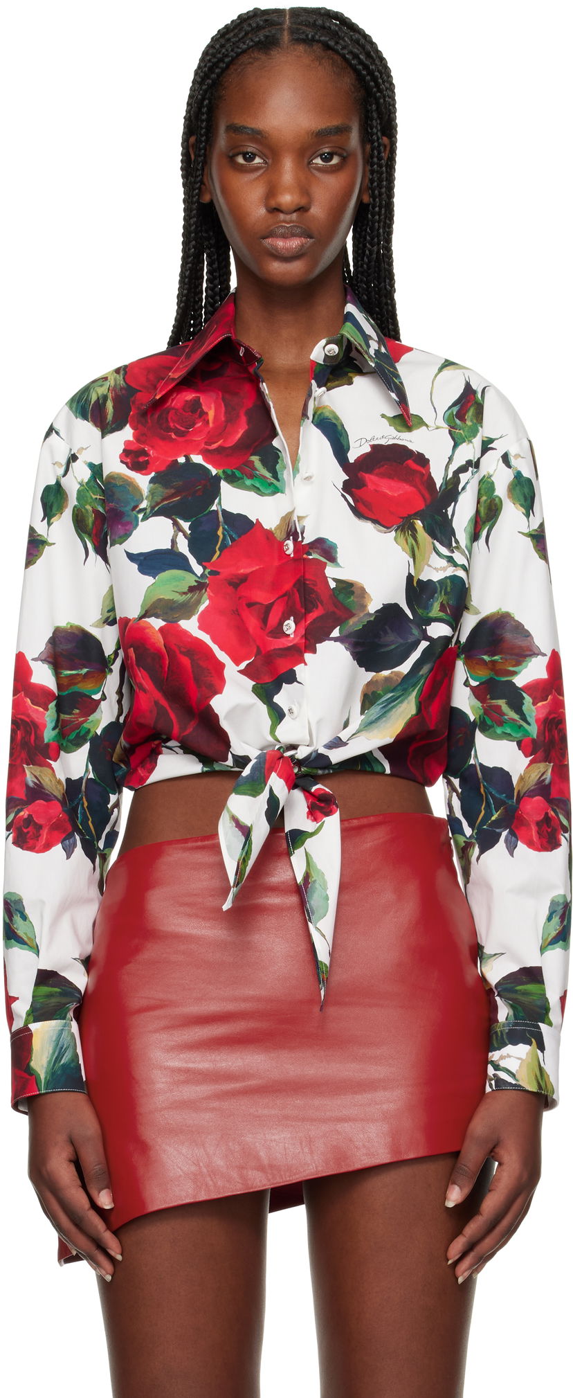 Skjorte Dolce & Gabbana Dolce&Gabbana Rose Print Tie Front Shirt Hvid | F5S65T HS5S2