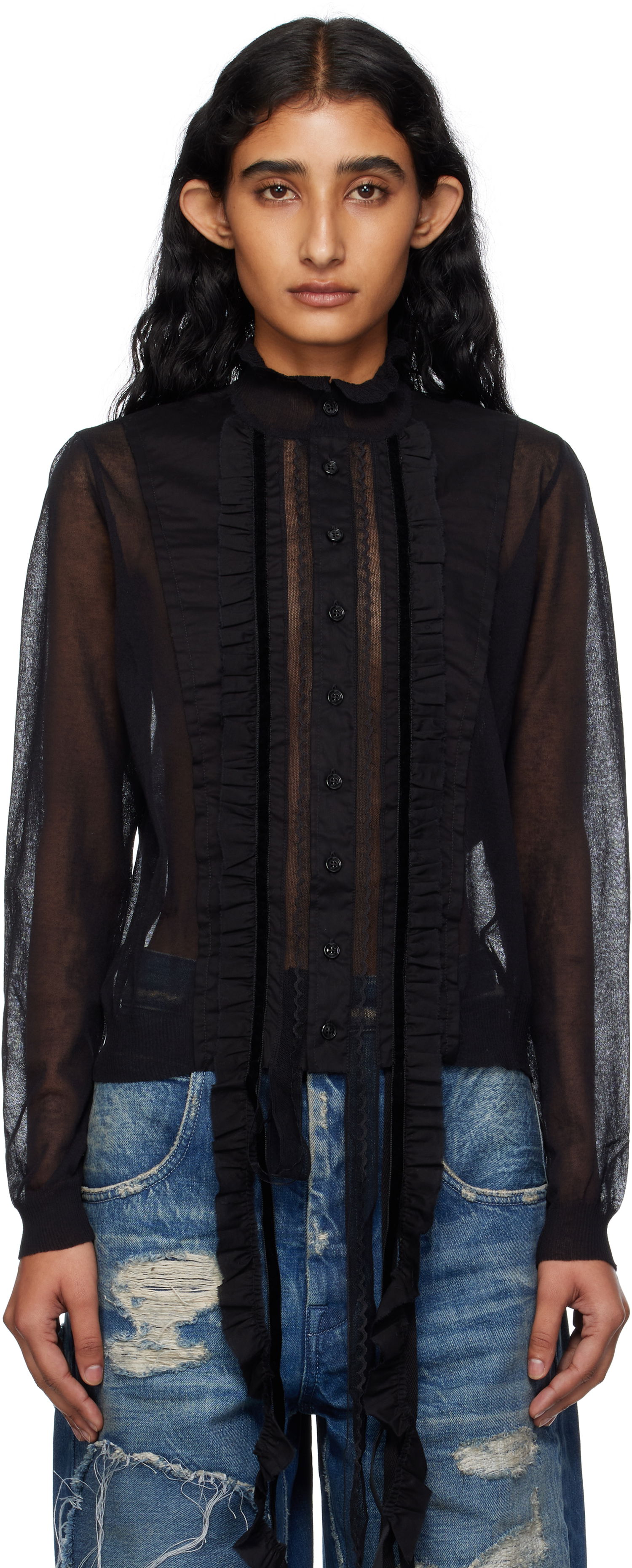 Skjorte Ann Demeulemeester Ann Demeulemeester Monya Sheer Ruffle Blouse Sort | B0012852-KN008-099, 0