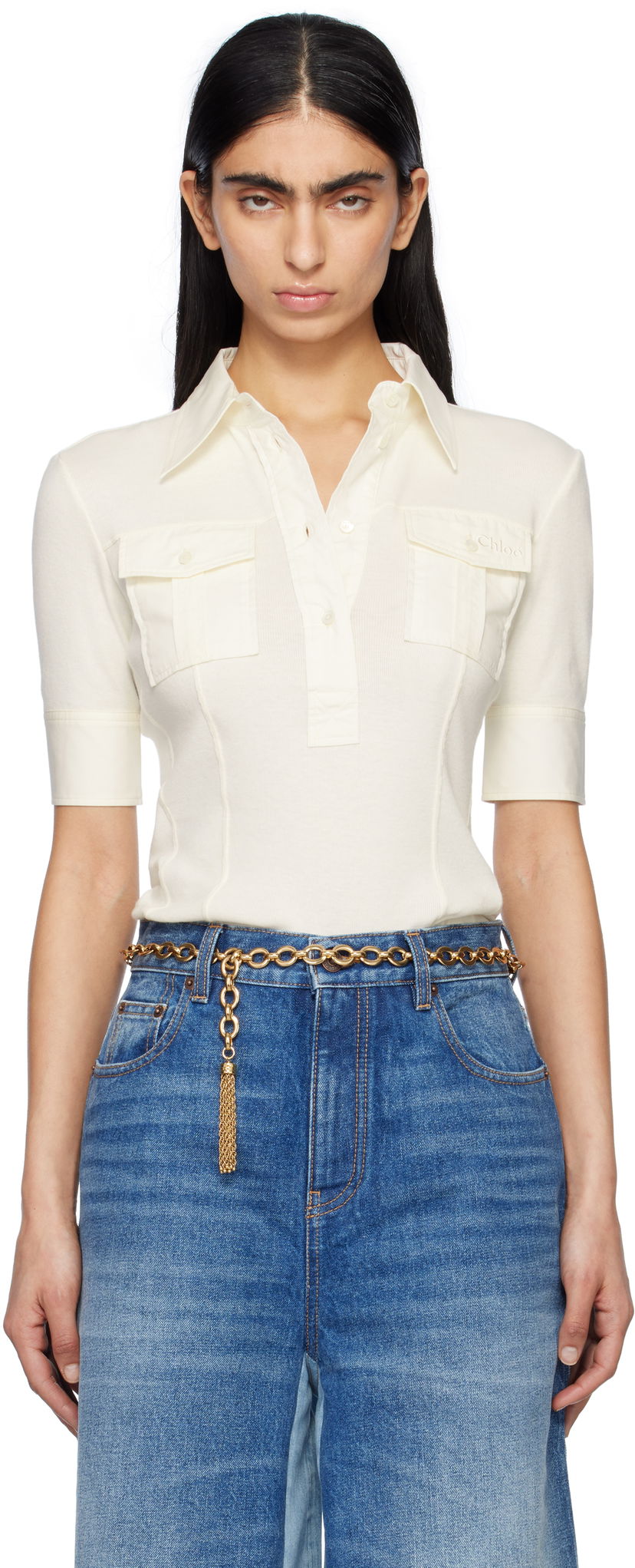 Polo skjorte CHLOÉ Chloé Short-Sleeve Utilitarian Polo Hvid | CH25SJH13182