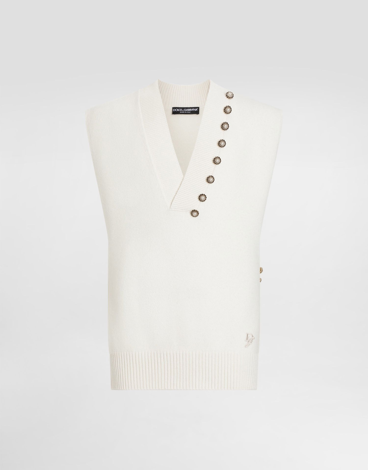 Sweater Dolce & Gabbana Wool V-Neck Vest With Embroidered Logo And Jeweled Buttons Hvid | GXT29ZJCVWRW0111, 0