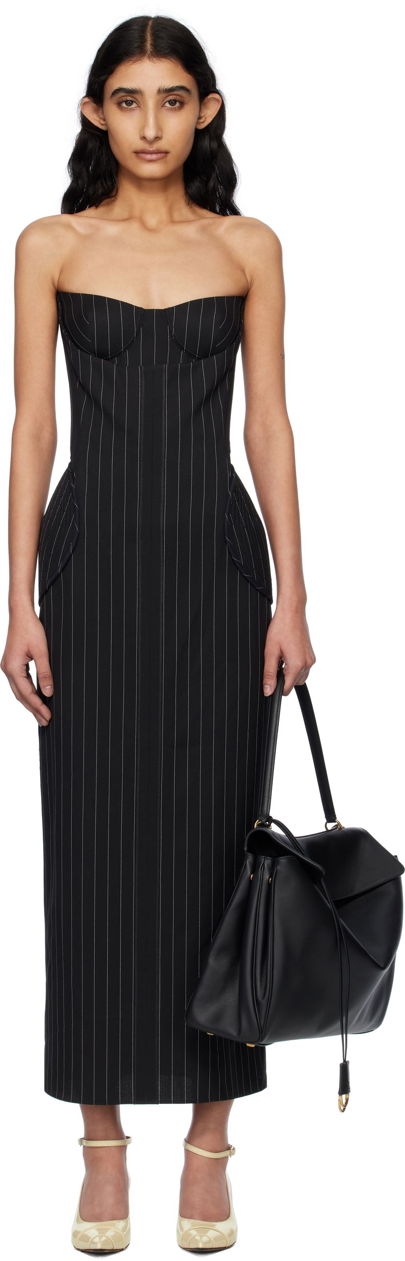 Kjole Jean Paul Gaultier Jean Paul Gaultier 'The Long Bustier' Pinstripe Midi Dress Sort | 25/33-F-RO333-C074-0001