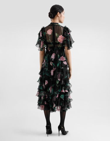 Kjole Dolce & Gabbana Dolce & Gabbana Rose Print Chiffon Calf-Length Dress with Ruffles Sort | F6B3ITIS1XAHN5IZ, 2