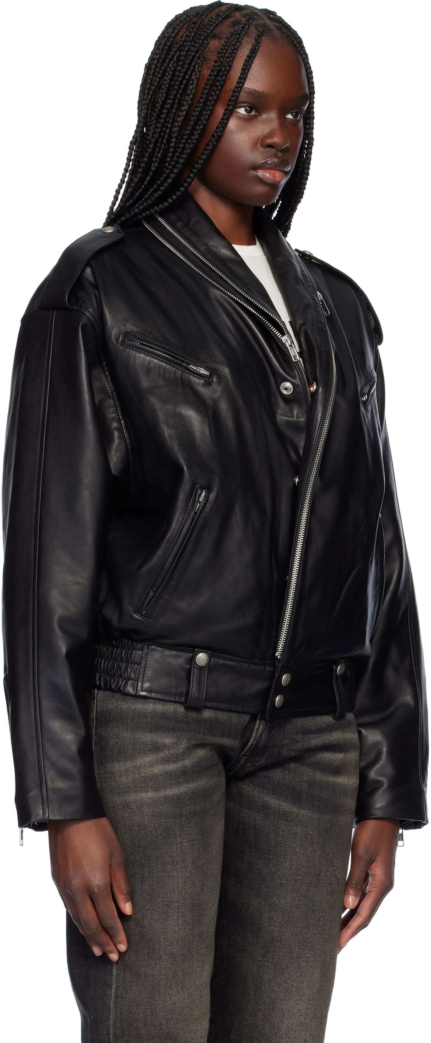 Bomberjakke R13 R13 Zip Collar Motorcycle Leather Jacket Sort | R13WR344-R450B, 1