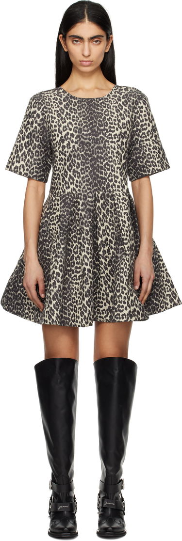Kjole GANNI GANNI Leopard Cotton Tweed Mini Dress Beige | W0362, 0