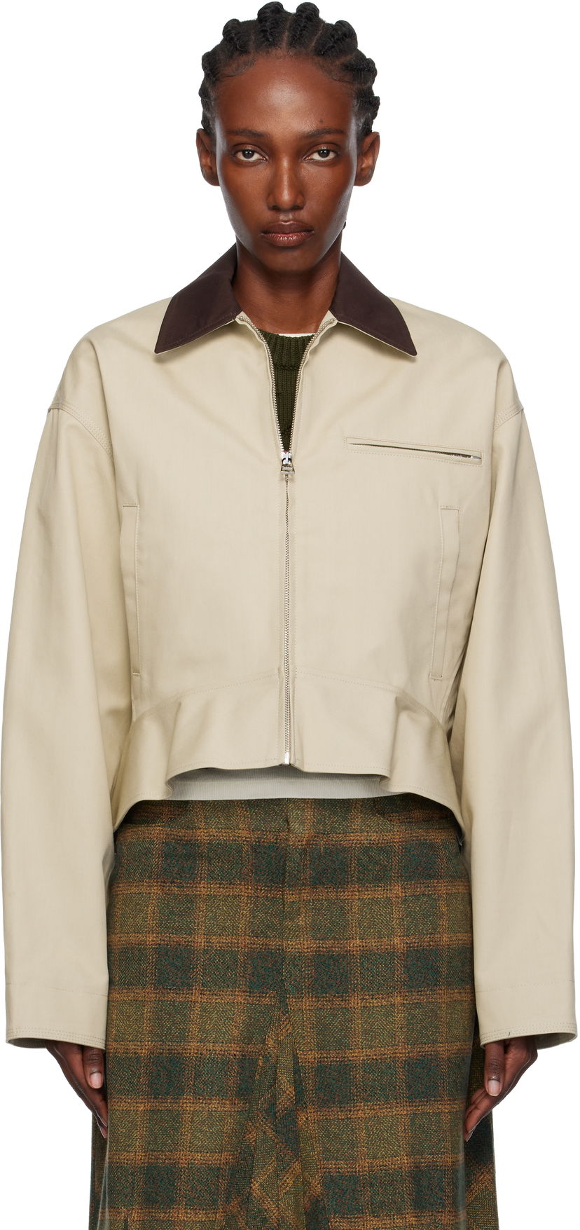 Jakke JW Anderson JW Anderson Cropped Contrast Collar Curved Hem Workwear Jacket Beige | JK0399-PG1802