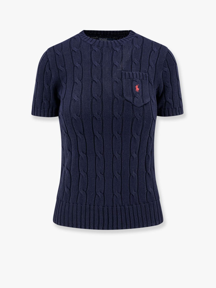 Sweater Polo by Ralph Lauren Women's Cable Knit Short Sleeve Sweater with Pocket by Polo Ralph Lauren Mørkeblå | 211895379010