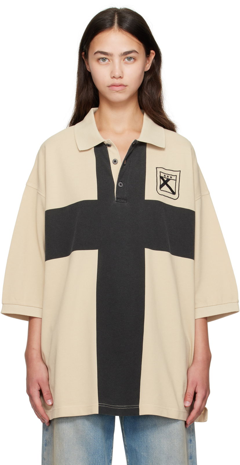 Polo skjorte 032C 032c Fainting Cross Oversized Polo Beige | F25-URC-0459-550-W