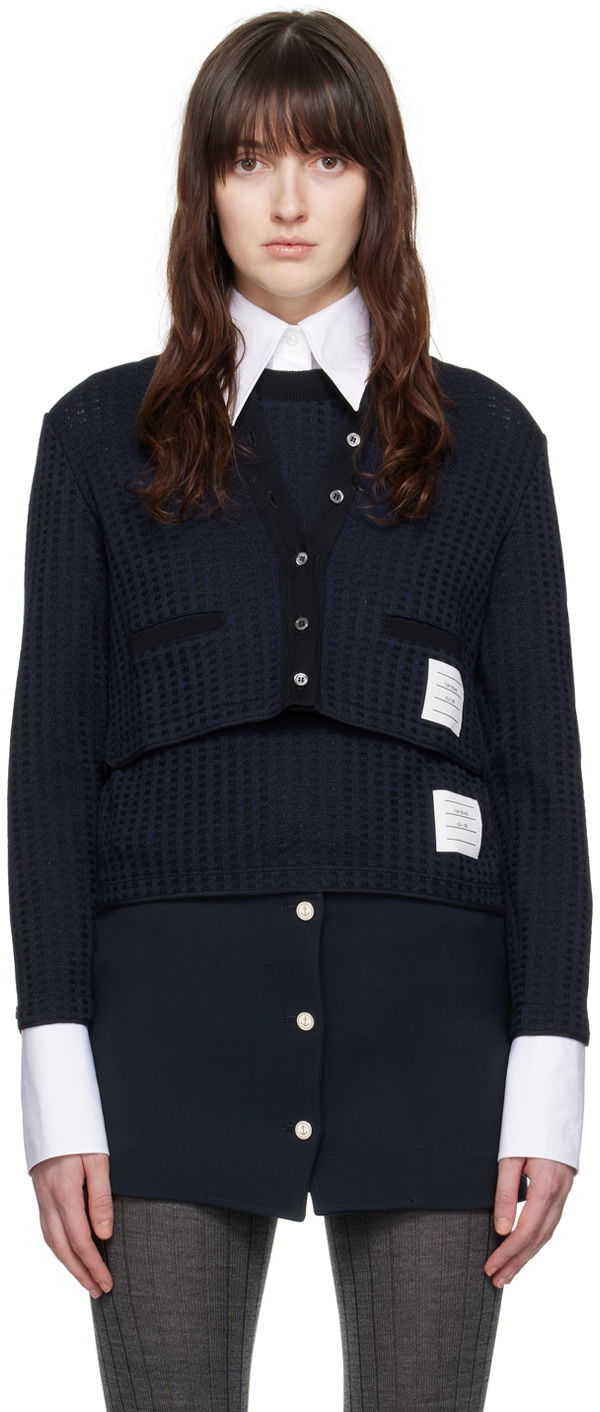 Sweater Thom Browne Checkered Jacquard Cropped Cardigan Mørkeblå | FJT323A-J0133