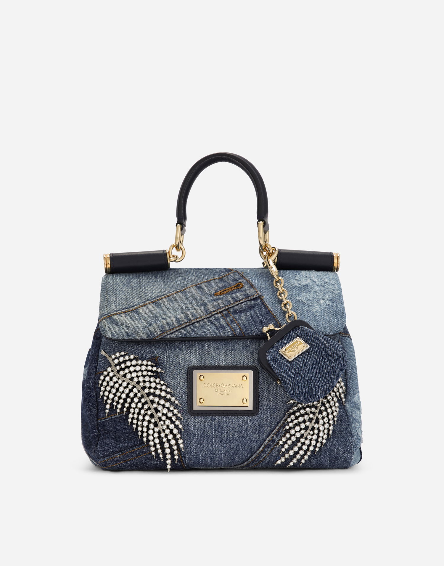 Skuldertaske Dolce & Gabbana Dolce & Gabbana Sicily Small Patchwork Denim Shoulder Bag with Embroidered Jewels Blå | BB7400AJ0778M800, 0