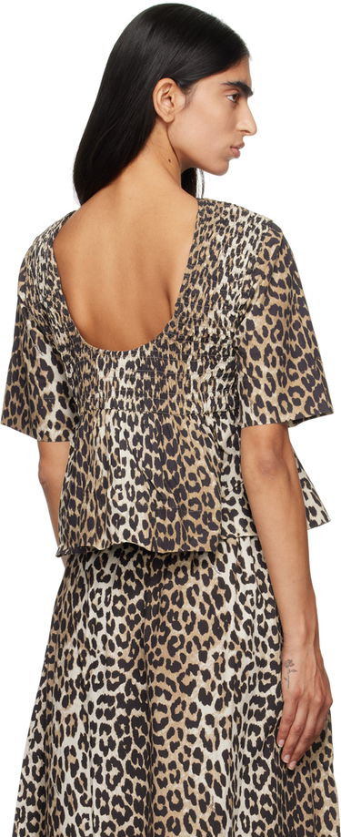 T-shirt GANNI GANNI Smocked Leopard Print Blouse Beige | W0205, 2