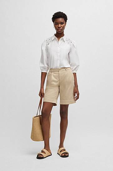 Shorts BOSS Relaxed Fit High-Rise Stretch Cotton Shorts Beige | 50511957, 1