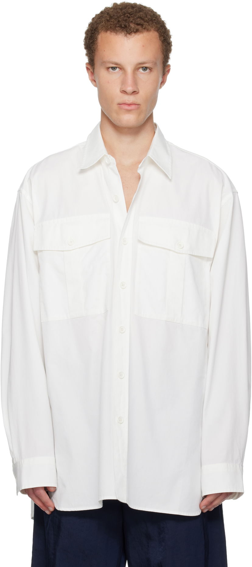 Skjorte Dries Van Noten Dries Van Noten Oversized Cotton Long-Sleeve Shirt with Flap Pockets Hvid | 252-020768-2294