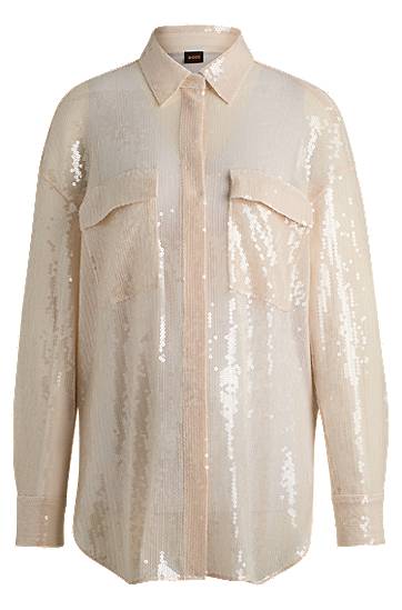 Skjorte BOSS Relaxed-Fit Sequin Blouse with Point Collar Beige | 50524263
