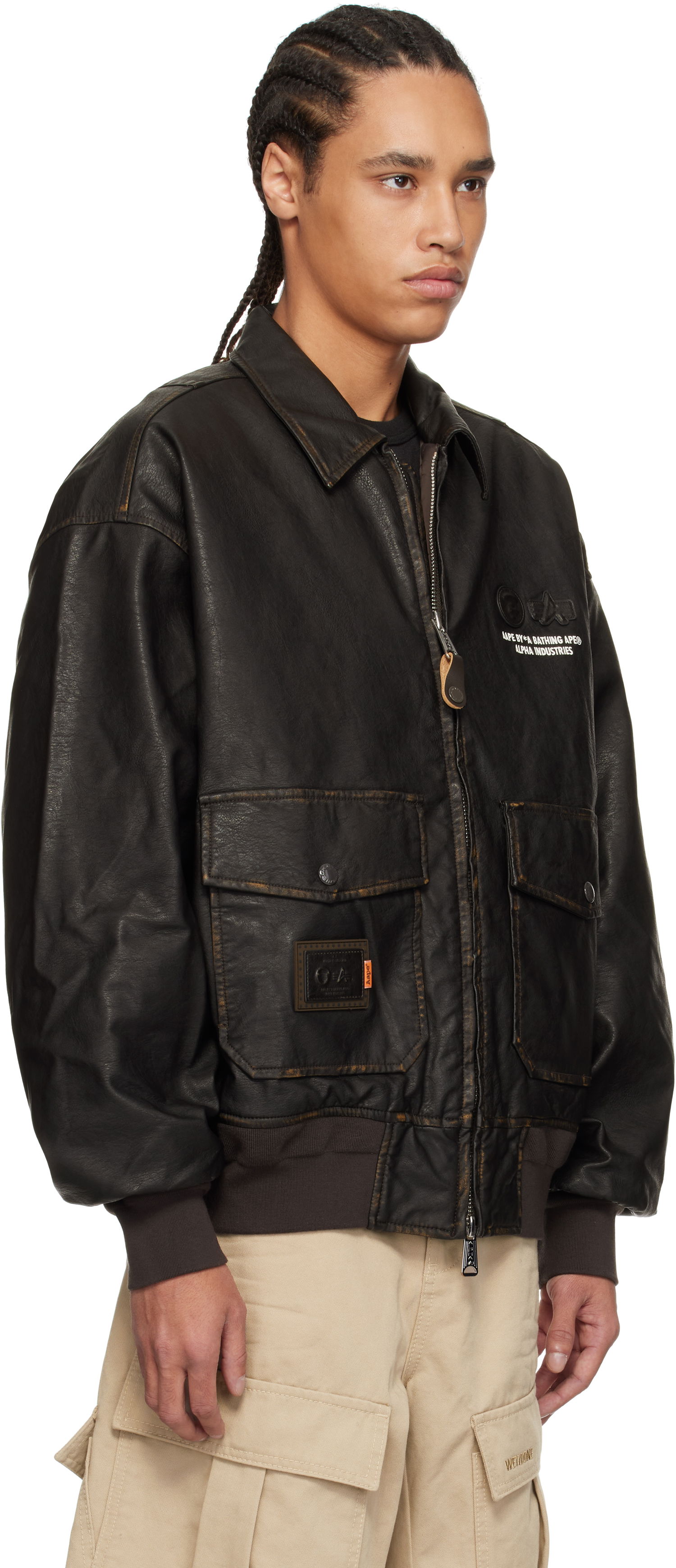 Bomberjakke AAPE by A Bathing Ape AAPE by A Bathing Ape Alpha Industries Edition Faux-Leather Bomber Jacket Sort | AAPJKM9717XXNBWD, 1