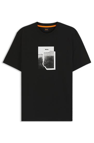 T-shirt BOSS Cotton-jersey T-shirt with layered monochrome print Sort | 50554640, 0