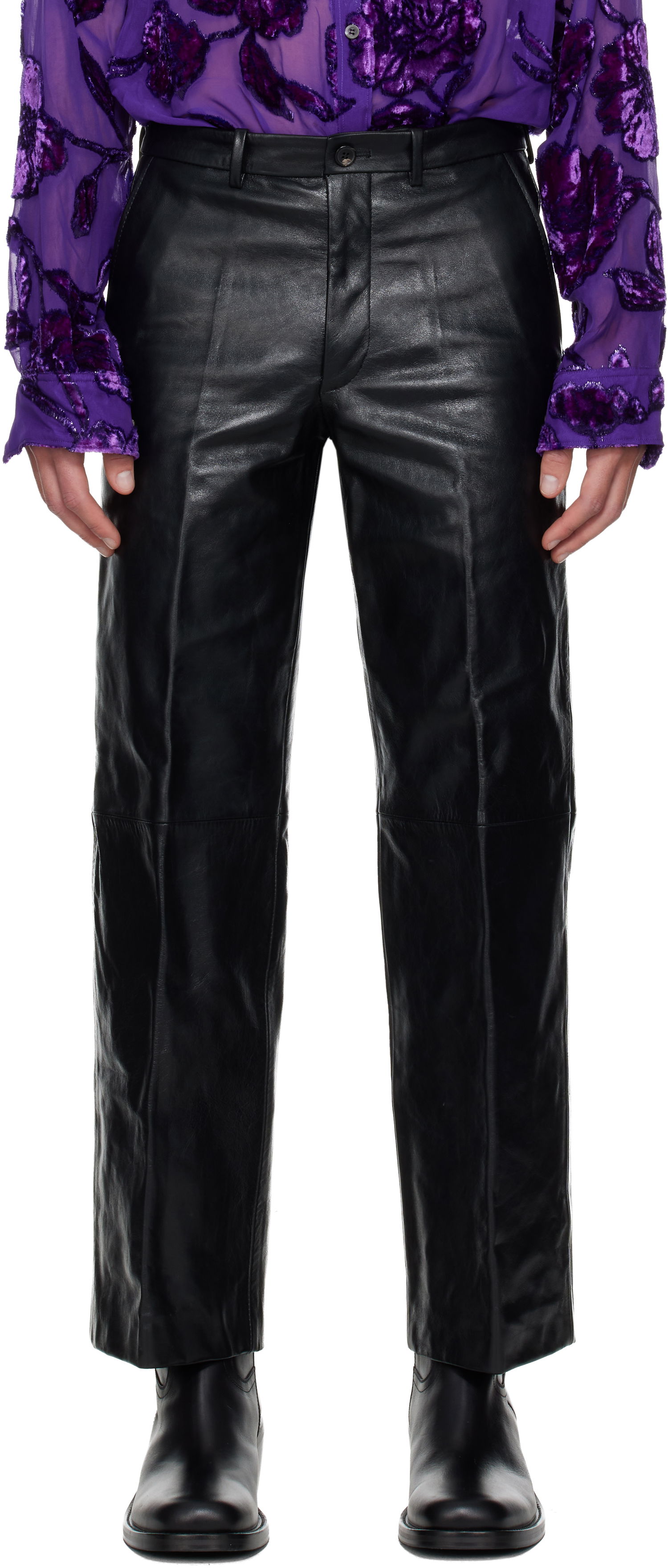 Bukser Dries Van Noten Dries Van Noten Cropped Leather Pants Sort | 252-021807-2370, 0