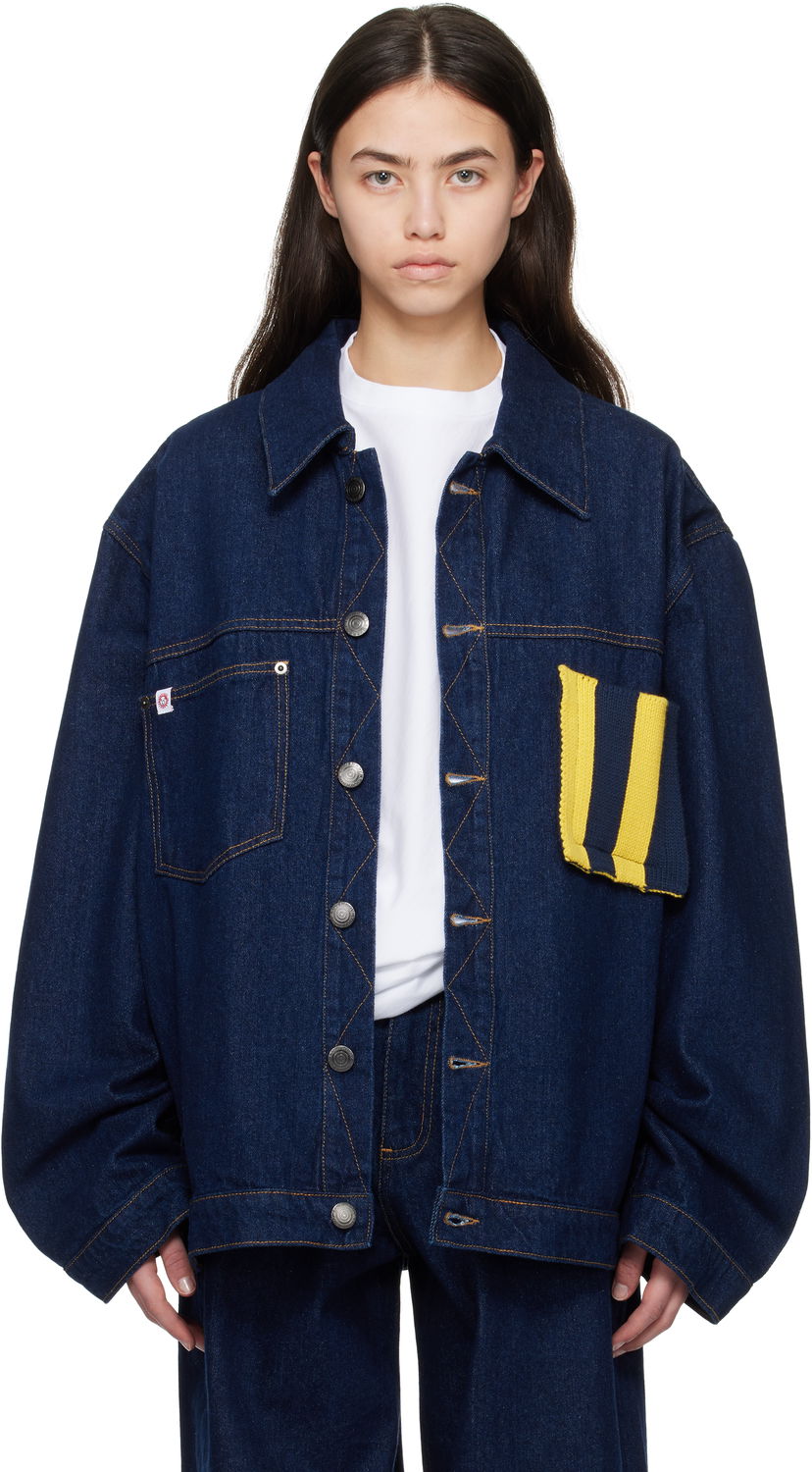 Jakke Charles Jeffrey Loverboy Charles Jeffrey LOVERBOY Knit Patch Cargo Denim Jacket Blå | 054010201