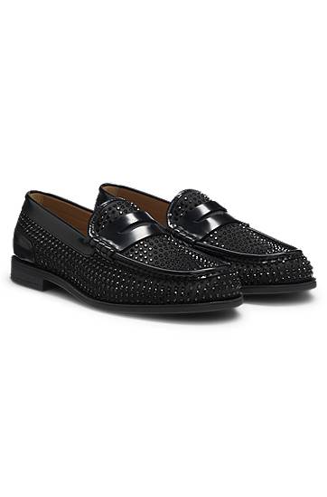 Sneakers og sko BOSS Leather Loafers with Rhinestones and Satin Sort | 50552792