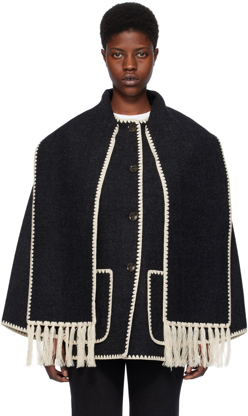 Tørklæde TOTEME Embroidered Wool-Blend Cape Sort | 221-117-709