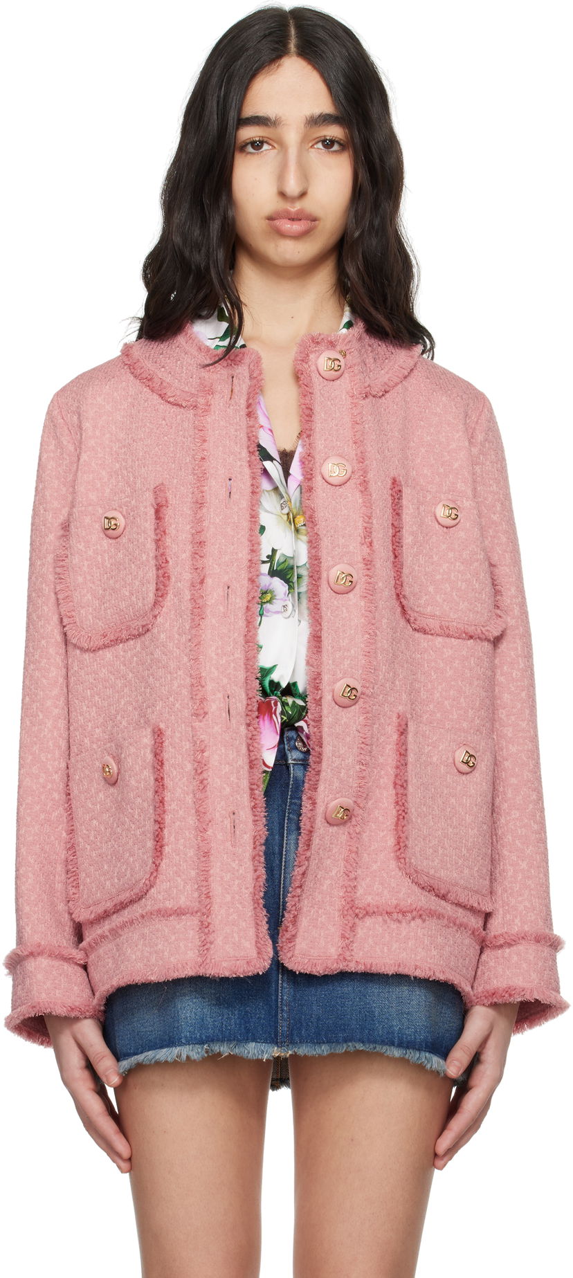 Jakke Dolce & Gabbana Dolce&Gabbana Single-Breasted Raschel Tweed Jacket Lyserød | F29TPT HUMUA