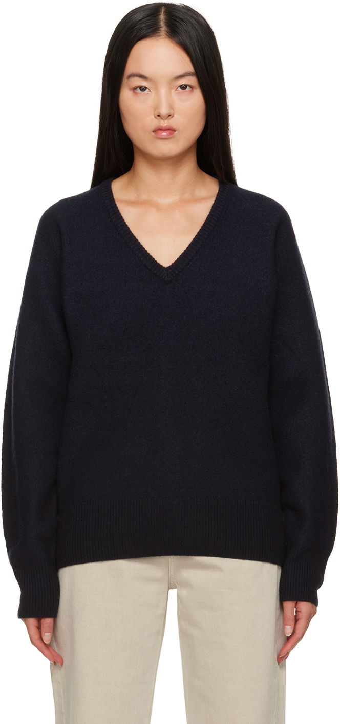 Sweater TOTEME TOTEME Rib V-Neck Sweater Mørkeblå | 234-WRTWTP158-YA0011