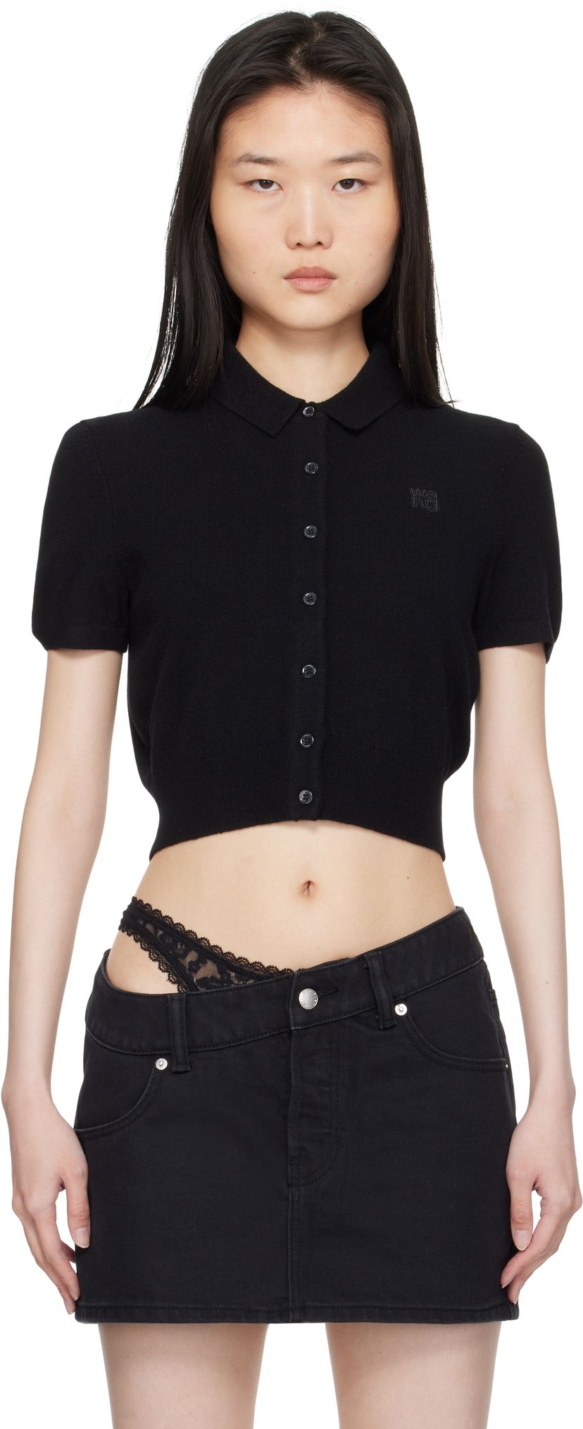Nederdel Alexander Wang Alexander Wang Embroidered Logo Polo Cardigan Sort | 4KC1253068